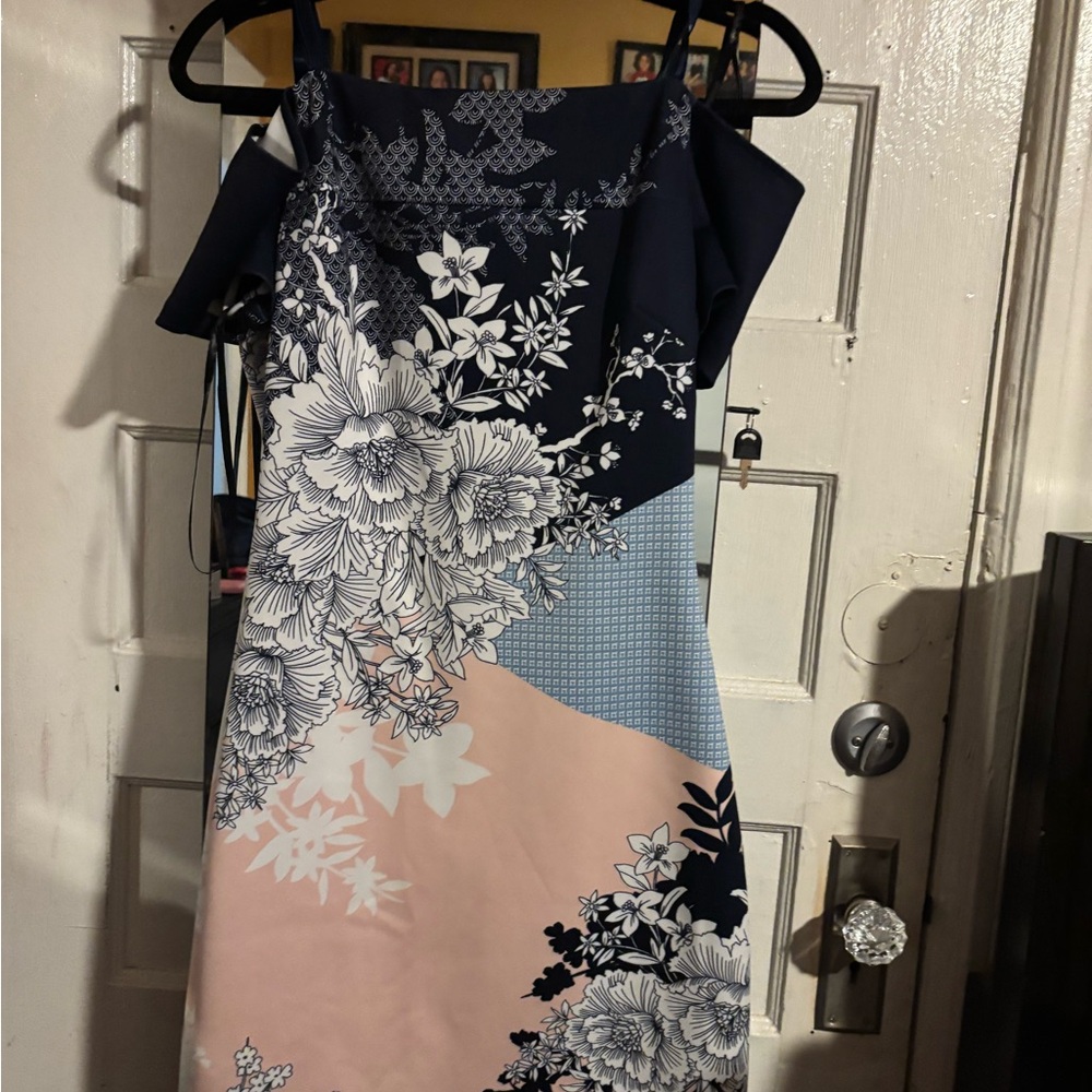Guess Strapless Dress with Navy and Pink Floral Pattern